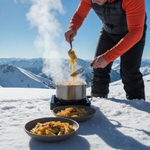Person cooking pasta outdoors in the snow on a mountain.